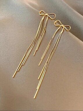 “Sweet Intentions” Gold Bow Dainty Delicate Tassel Sterling Silver Stud Earrings